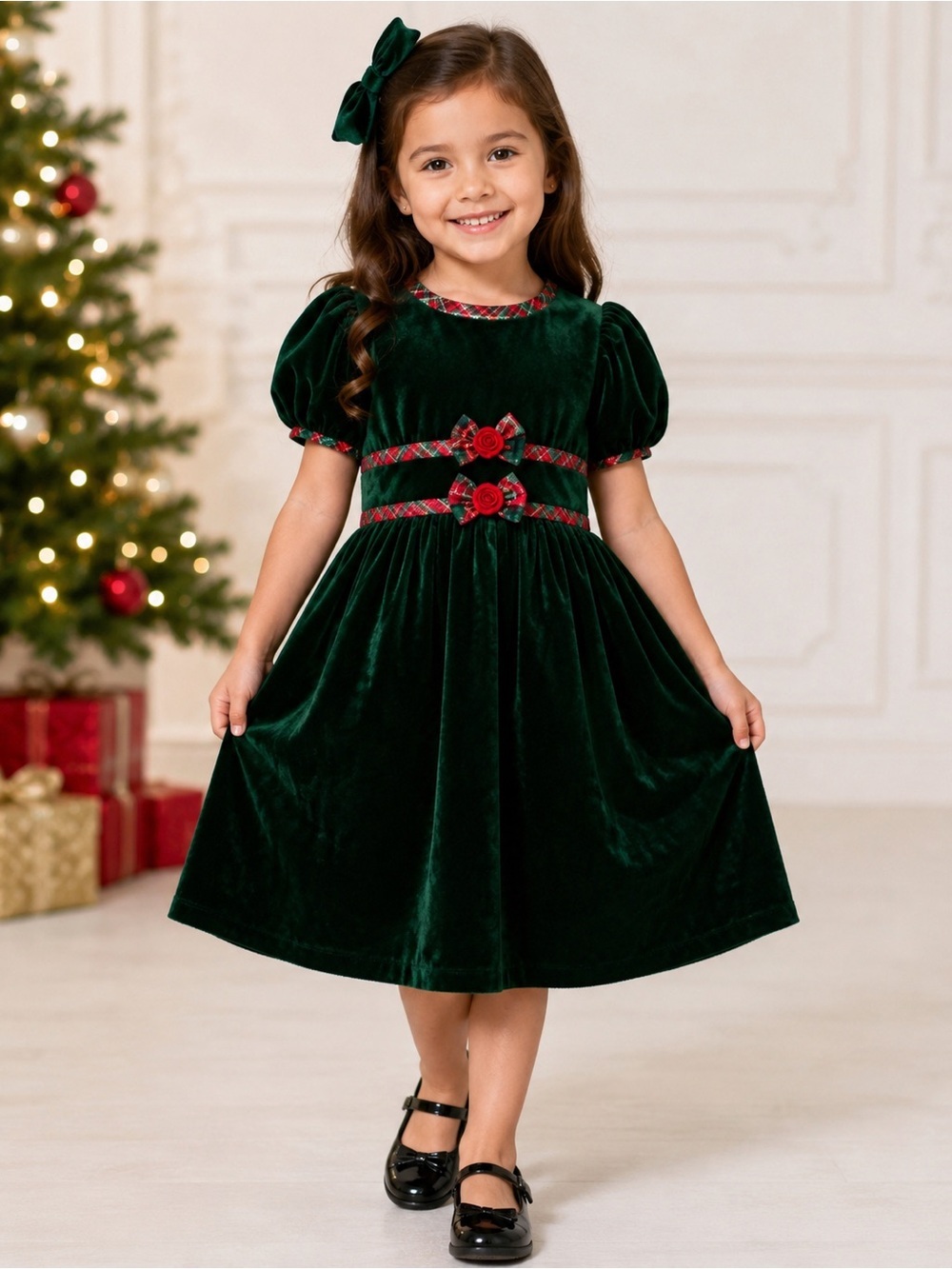 Rare Editions Dark Green Velvet Holiday Dress with Red Plaid Trim